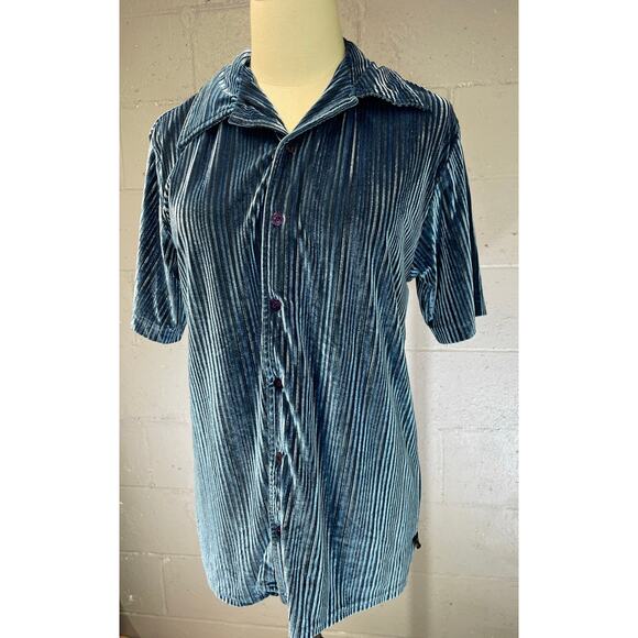 Vintage 1990s Steel Blue Velour Button Up Shirt Epidemic Small Rave Club Disco - Picture 7 of 8